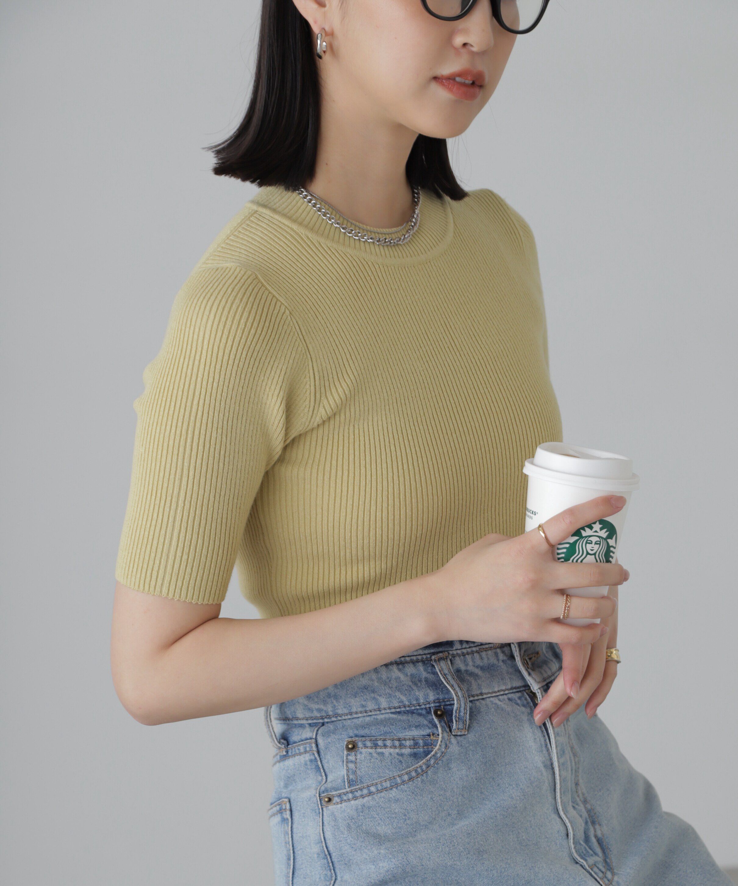  「［洗える］マシンウォッシャブルリブハイネック5分袖ニット」|ニット・セーター|