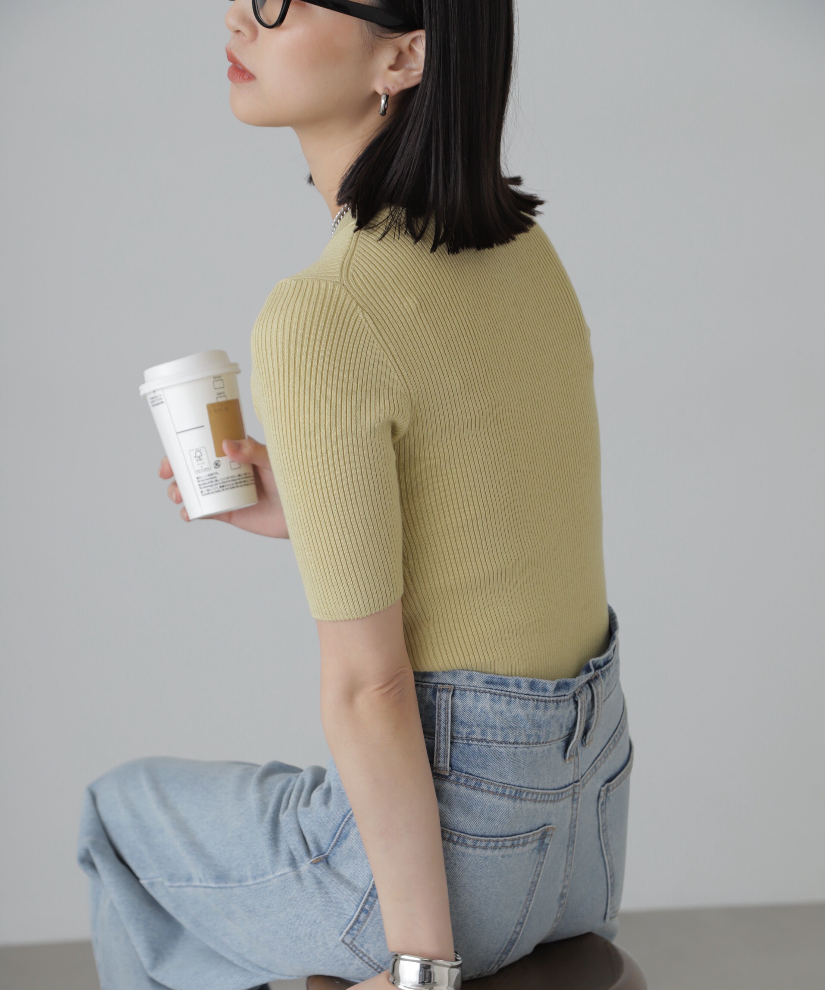  「［洗える］マシンウォッシャブルリブハイネック5分袖ニット」|ニット・セーター|