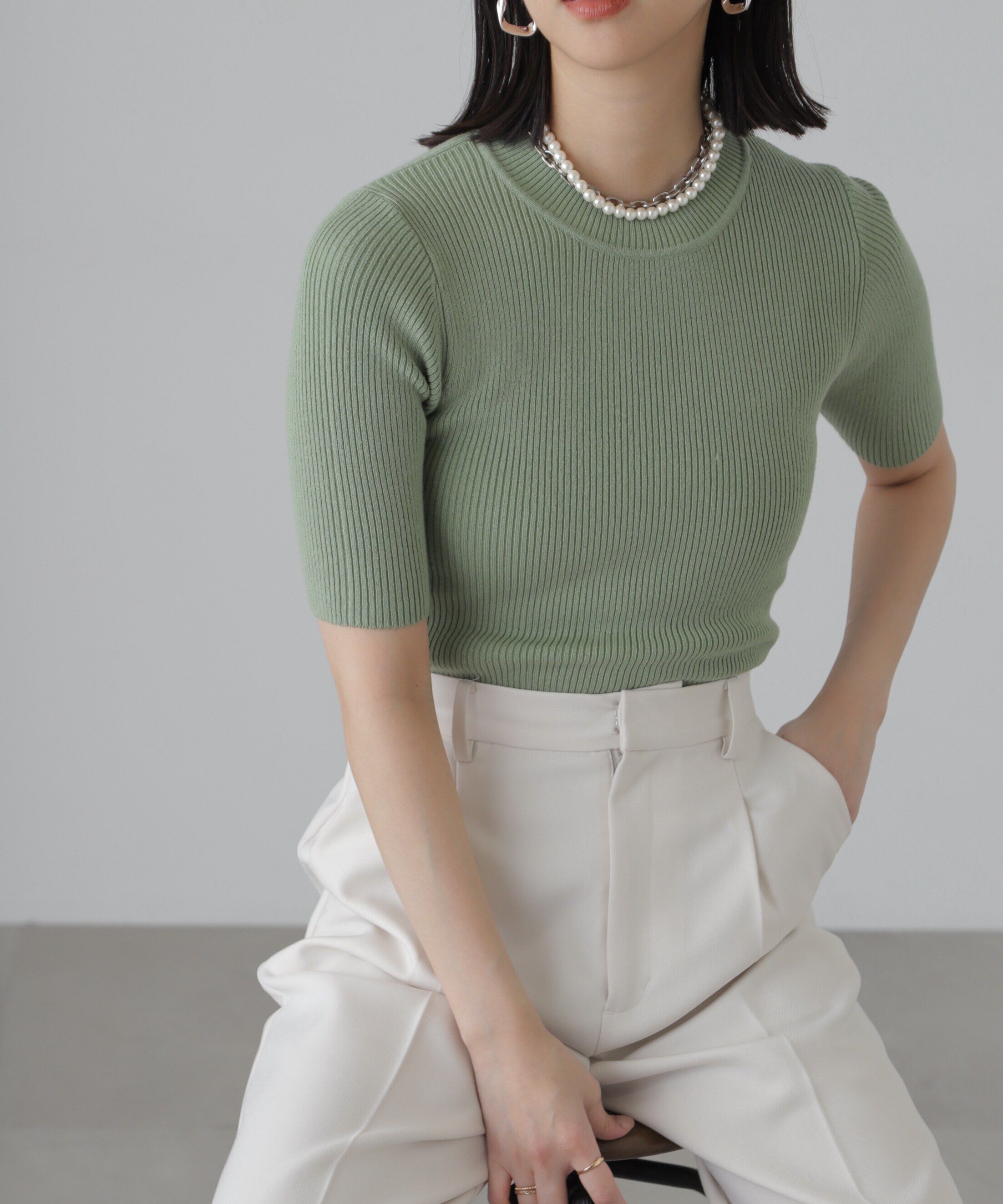  「［洗える］マシンウォッシャブルリブハイネック5分袖ニット」|ニット・セーター|ライトグリー