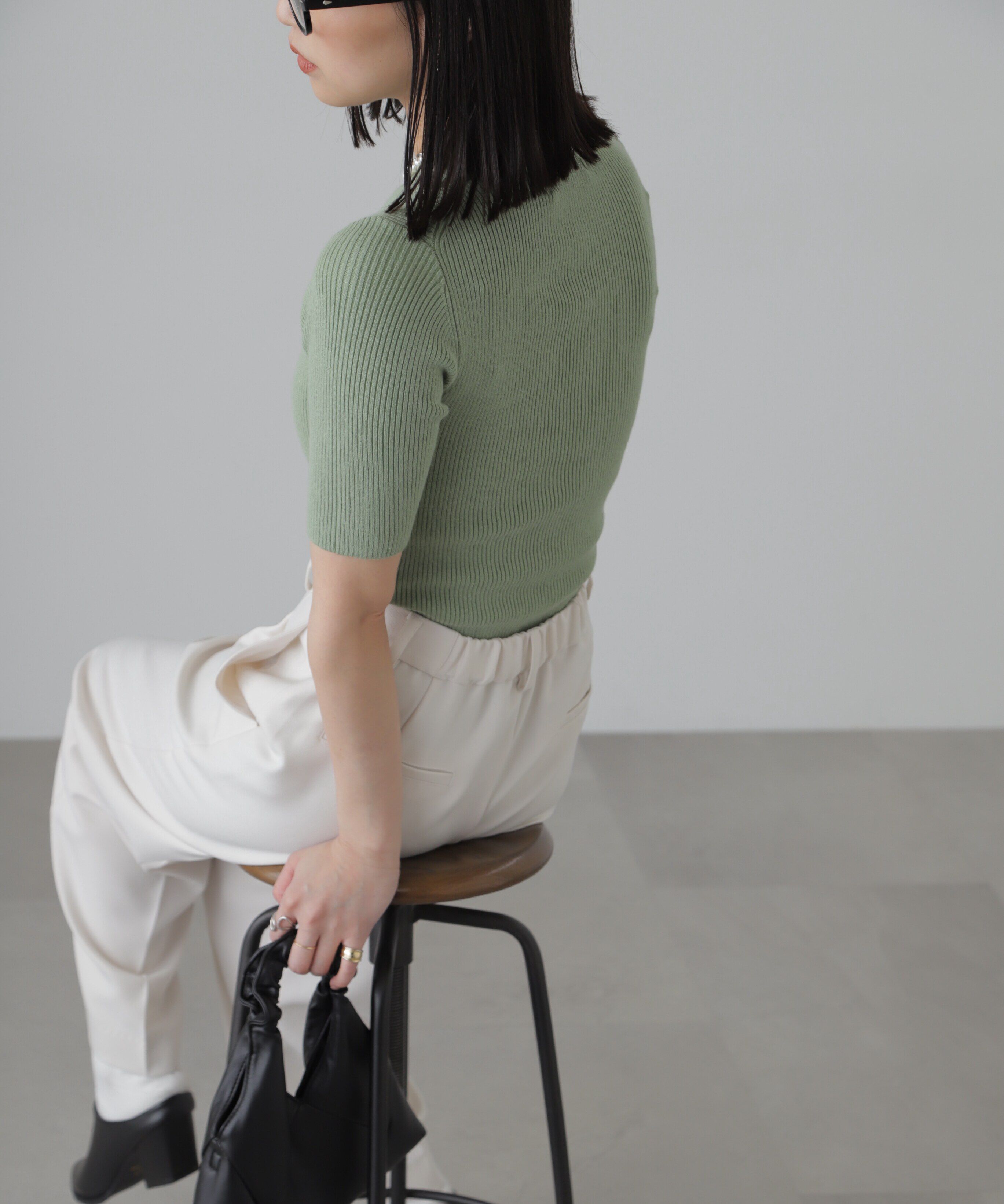  「［洗える］マシンウォッシャブルリブハイネック5分袖ニット」|ニット・セーター|