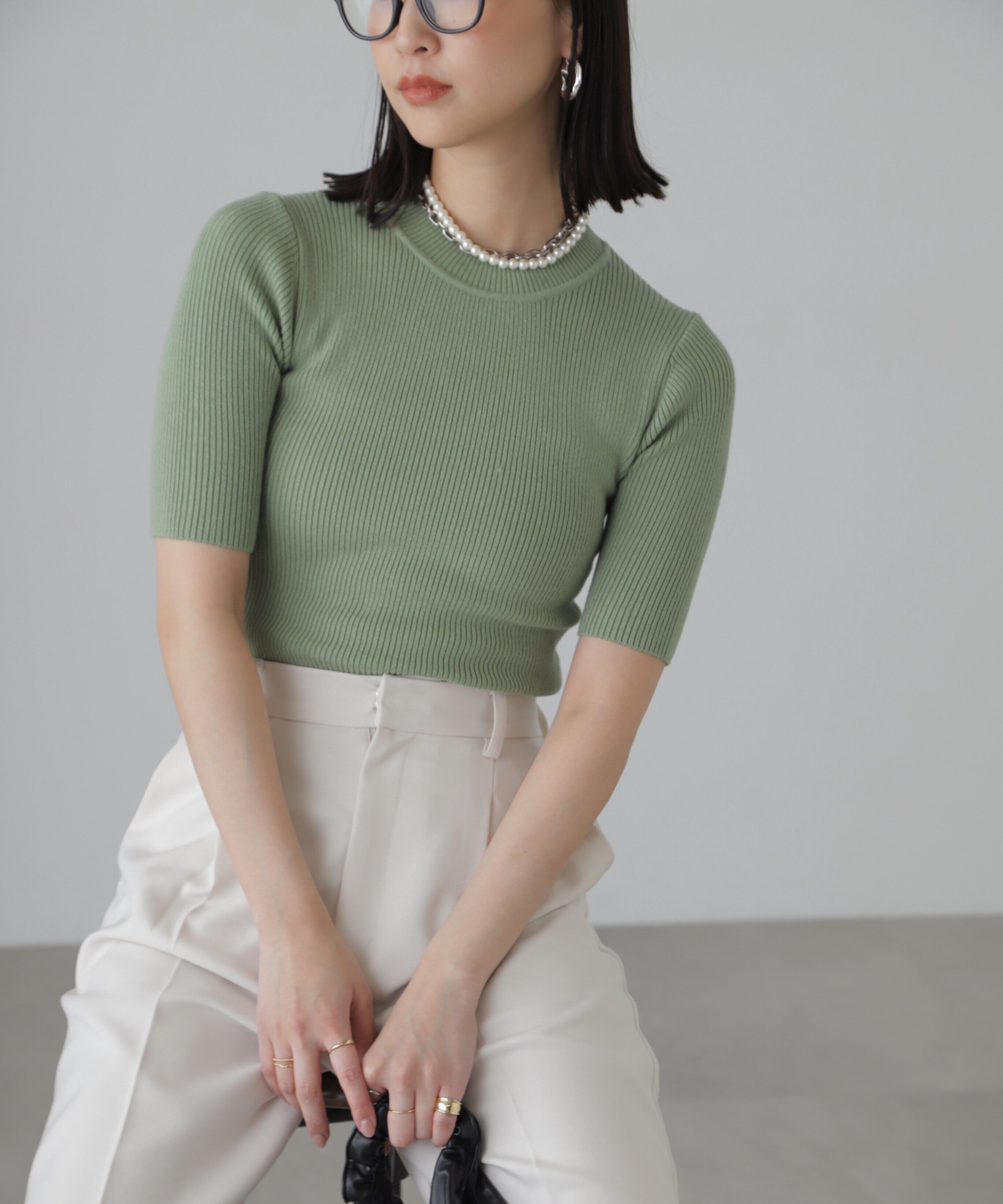  「［洗える］マシンウォッシャブルリブハイネック5分袖ニット」|ニット・セーター|