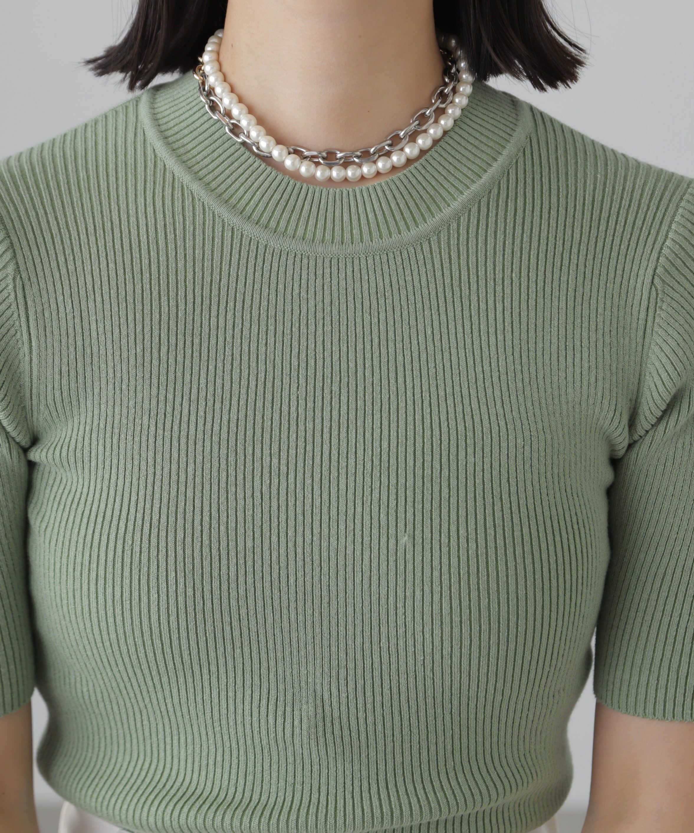  「［洗える］マシンウォッシャブルリブハイネック5分袖ニット」|ニット・セーター|