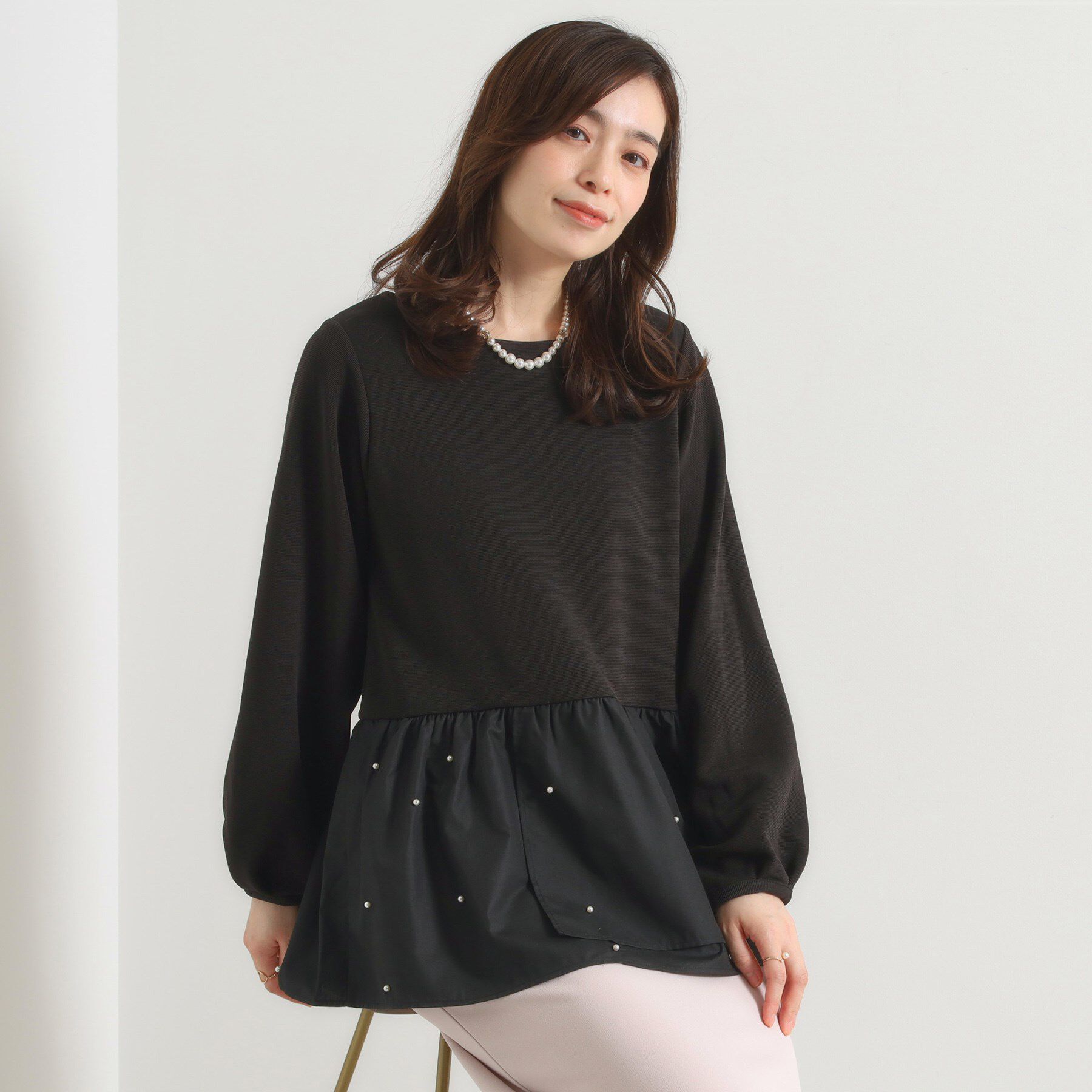 ITS&rsquo;DEMO「【手洗い可】異素材切替リップルプルオーバー」|Tシャツ・カットソー|ブラック(019)