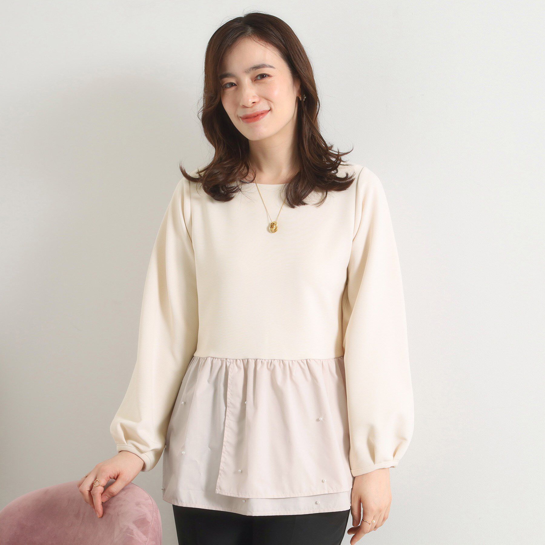 ITS&rsquo;DEMO「【手洗い可】異素材切替リップルプルオーバー」|Tシャツ・カットソー|ライトベージュ(05