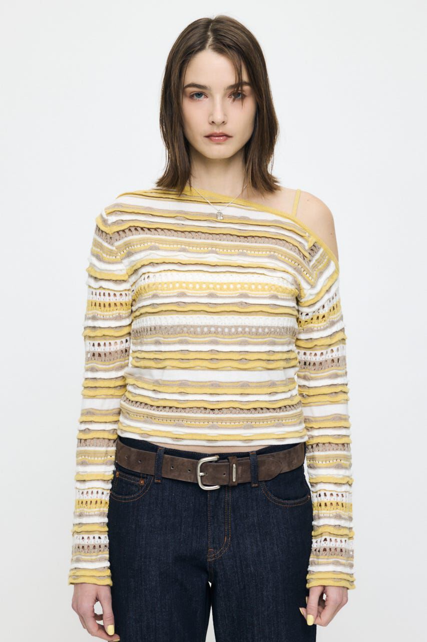 MOUSSY「RANDOM STRIPE OFF SHOULDER トップス」|ニット・セーター|柄YEL5