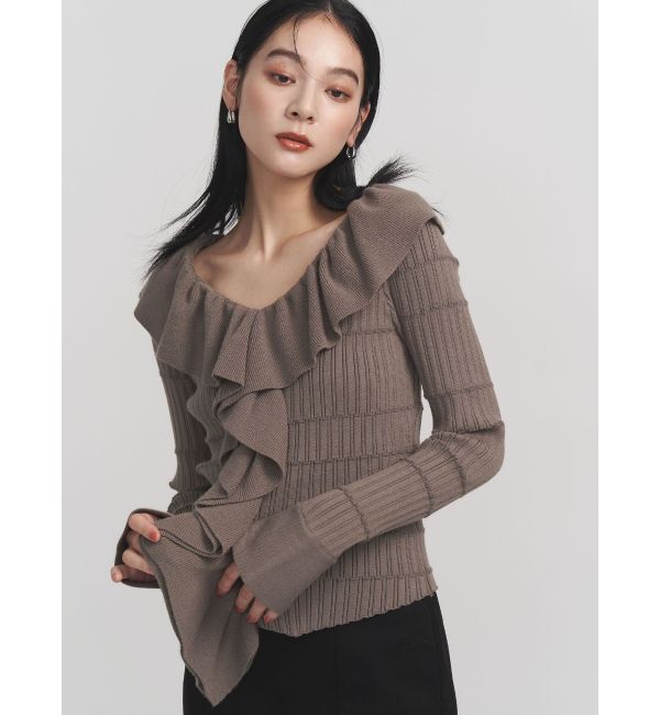 LAGUNAMOON「ラッフルフリルニットプルオーバー」|ニット・セーター|カーキ