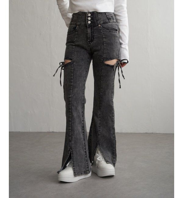 VENCE share style「サイドカットアウトフレアデニム」|デニム|ダークグレー