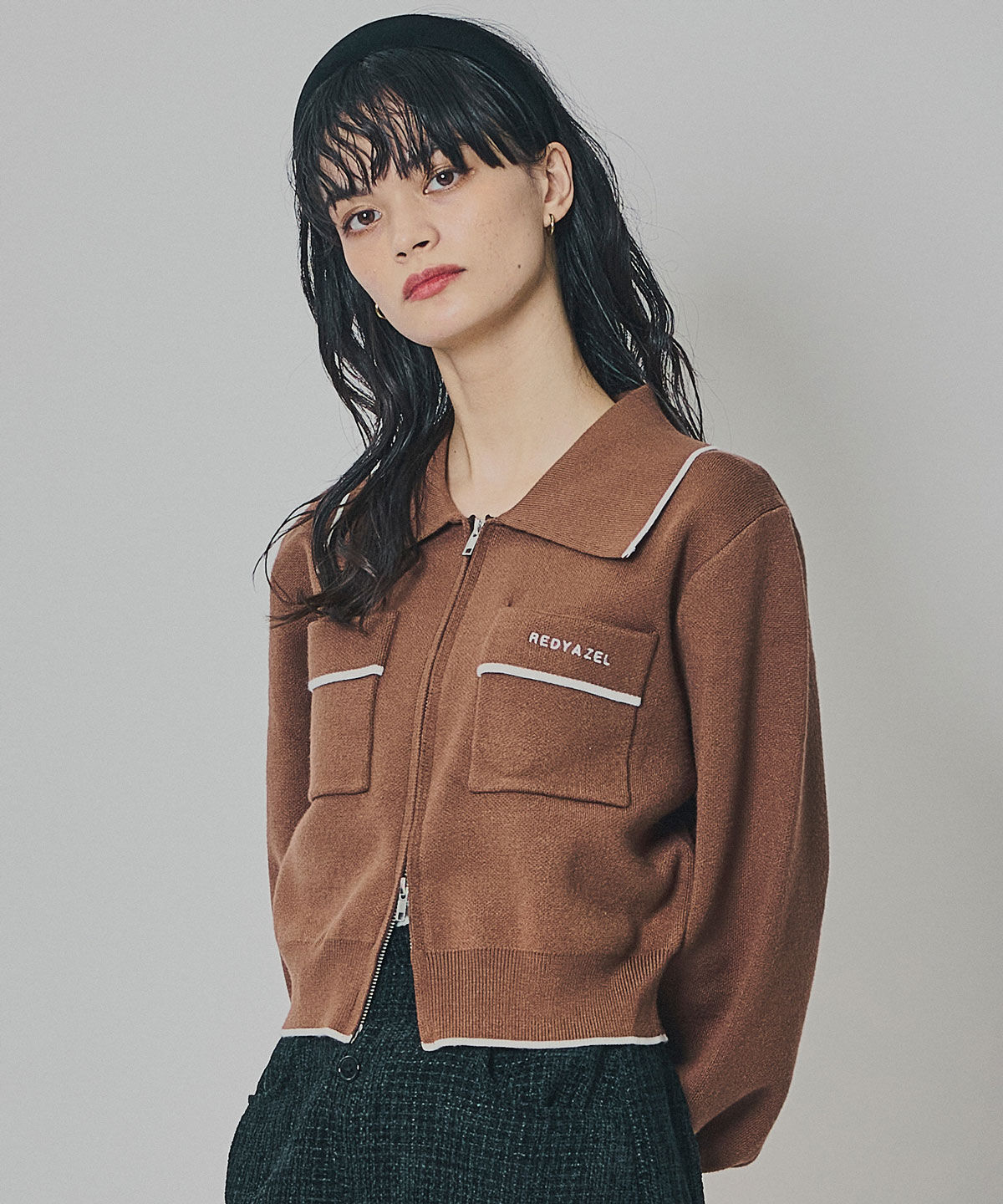 REDYAZEL「バイカラーラインZIPニットジャケット」|ニット・セーター|ブラウン