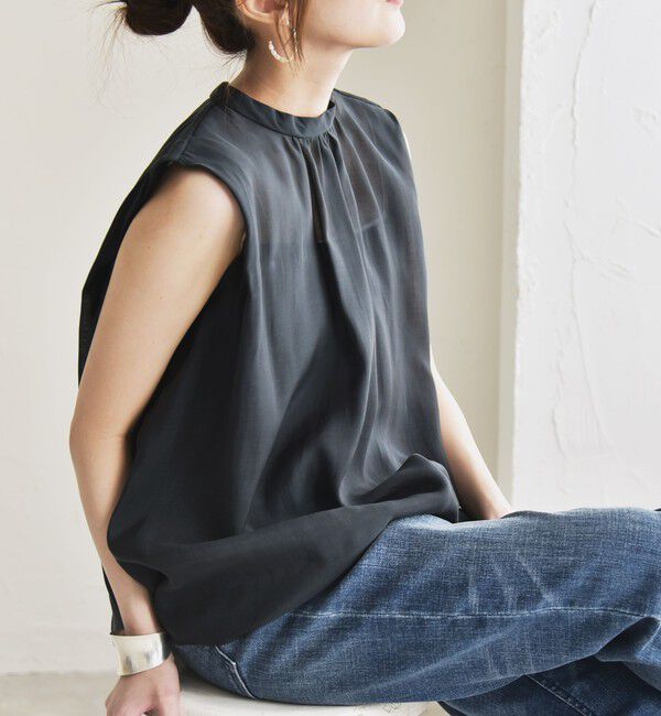 quaranciel「quaranciel:〈洗濯機可能〉シアー ハイネック ノースリーブ ギャザー ブラウス」|シャツ・ブラウス|