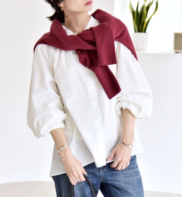 quaranciel「quaranciel:〈洗濯機可能〉REPREVE バンドカラー ギャザー パフ シャツ ブラウス」|シャツ・ブラウス|ホワイト