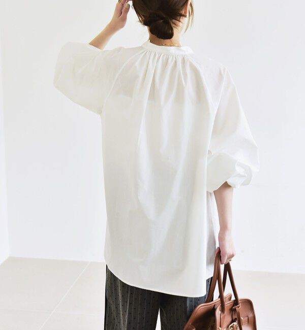 quaranciel「quaranciel:〈洗濯機可能〉REPREVE バンドカラー ギャザー パフ シャツ ブラウス」|シャツ・ブラウス|