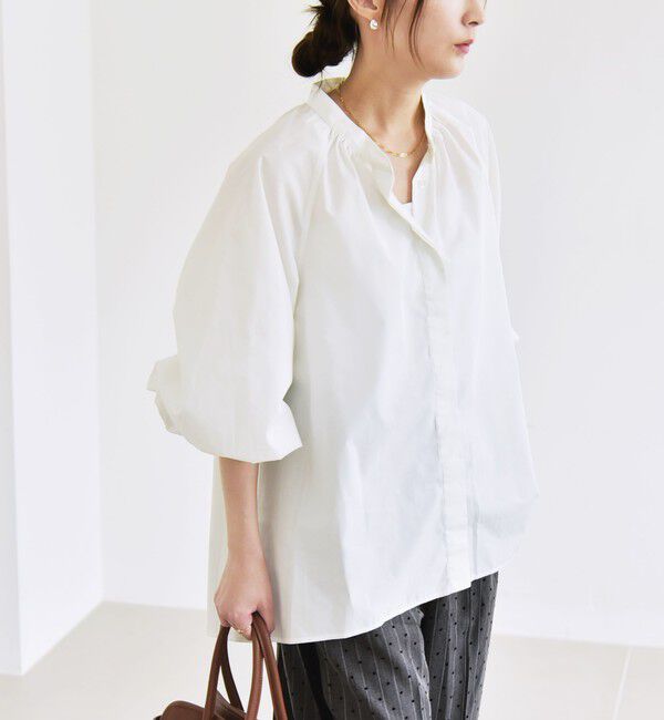 quaranciel「quaranciel:〈洗濯機可能〉REPREVE バンドカラー ギャザー パフ シャツ ブラウス」|シャツ・ブラウス|