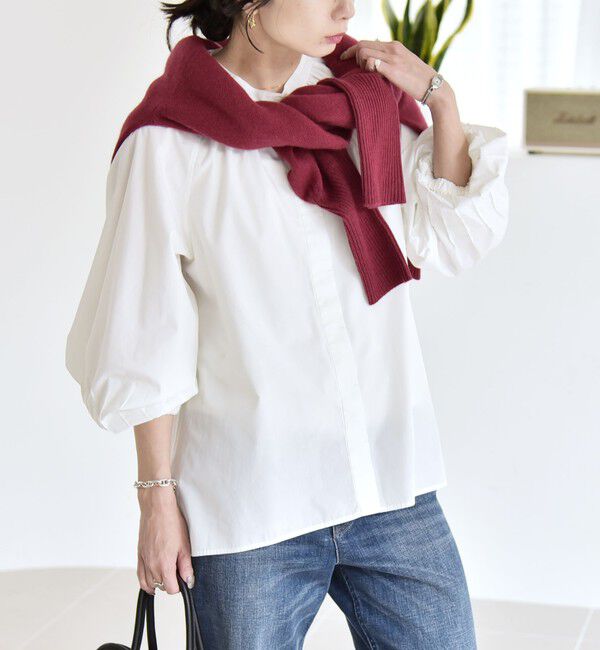 quaranciel「quaranciel:〈洗濯機可能〉REPREVE バンドカラー ギャザー パフ シャツ ブラウス」|シャツ・ブラウス|