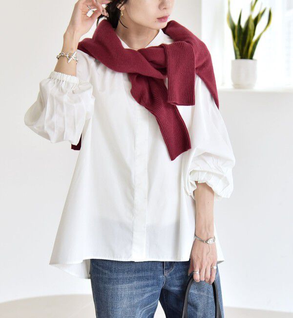 quaranciel「quaranciel:〈洗濯機可能〉REPREVE バンドカラー ギャザー パフ シャツ ブラウス」|シャツ・ブラウス|