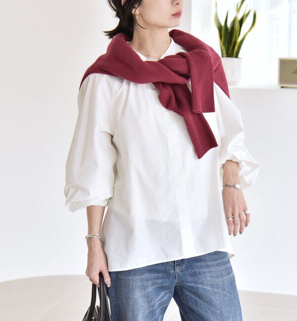 quaranciel「quaranciel:〈洗濯機可能〉REPREVE バンドカラー ギャザー パフ シャツ ブラウス」|シャツ・ブラウス|