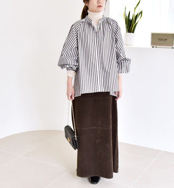 quaranciel「quaranciel:〈洗濯機可能〉REPREVE バンドカラー ギャザー パフ シャツ ブラウス」|シャツ・ブラウス|