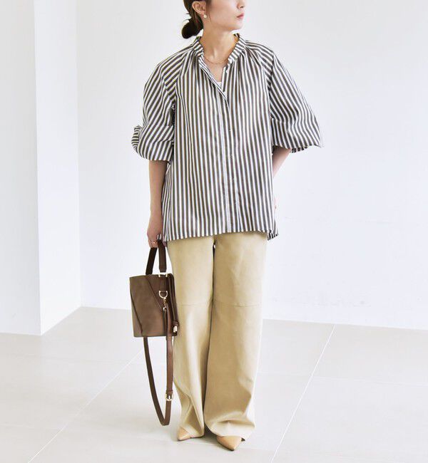 quaranciel「quaranciel:〈洗濯機可能〉REPREVE バンドカラー ギャザー パフ シャツ ブラウス」|シャツ・ブラウス|