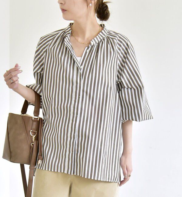 quaranciel「quaranciel:〈洗濯機可能〉REPREVE バンドカラー ギャザー パフ シャツ ブラウス」|シャツ・ブラウス|