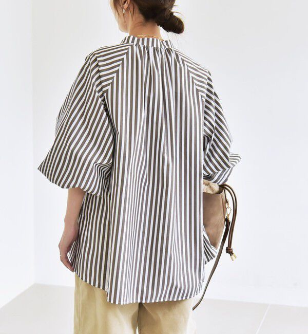 quaranciel「quaranciel:〈洗濯機可能〉REPREVE バンドカラー ギャザー パフ シャツ ブラウス」|シャツ・ブラウス|