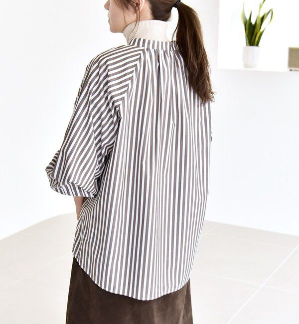 quaranciel「quaranciel:〈洗濯機可能〉REPREVE バンドカラー ギャザー パフ シャツ ブラウス」|シャツ・ブラウス|