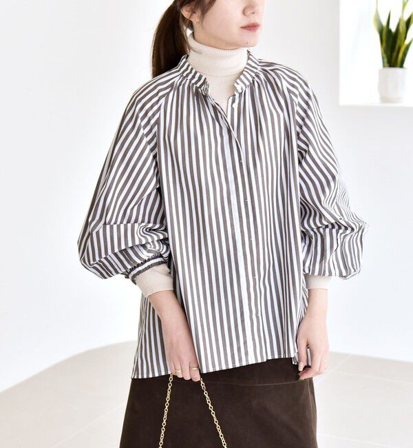 quaranciel「quaranciel:〈洗濯機可能〉REPREVE バンドカラー ギャザー パフ シャツ ブラウス」|シャツ・ブラウス|