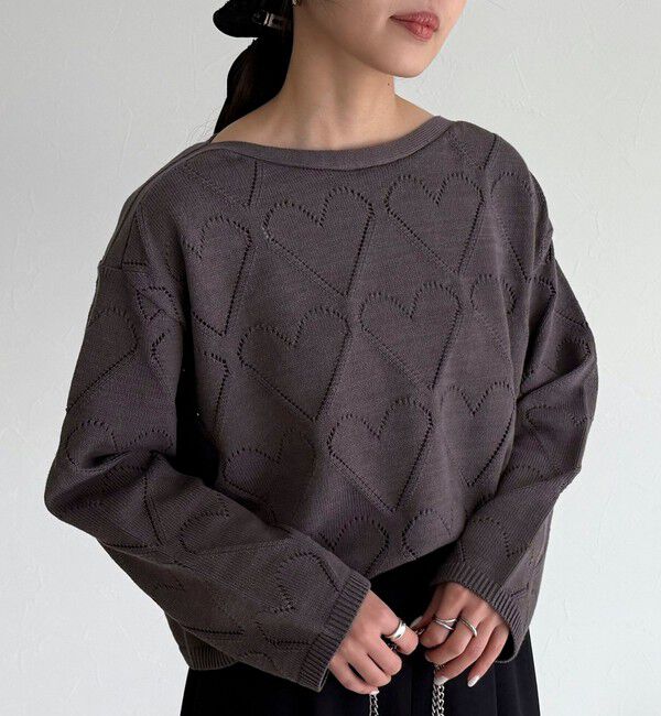 fredy emue「LINEN混ハート透かし柄ニット」|ニット・セーター|チャコールグレー