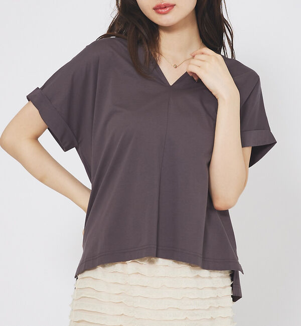 abahouse mavie「シルケットダブルVネックフレンチプルオーバー」|Tシャツ・カットソー|チャコールグレー