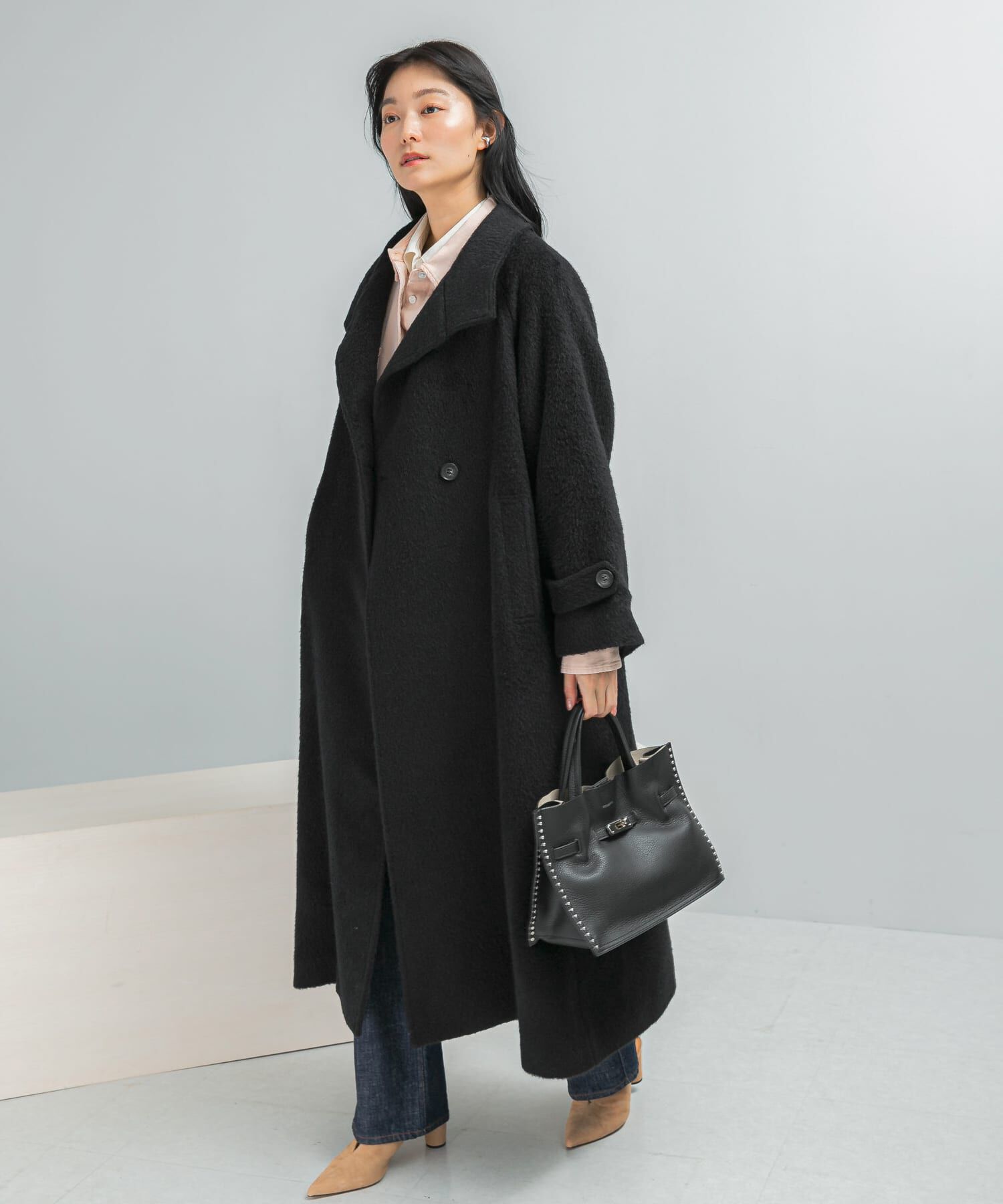 URBAN RESEARCH ROSSO「アルパカ混シャギースタンドコート」|ノーカラーコート|ブラック