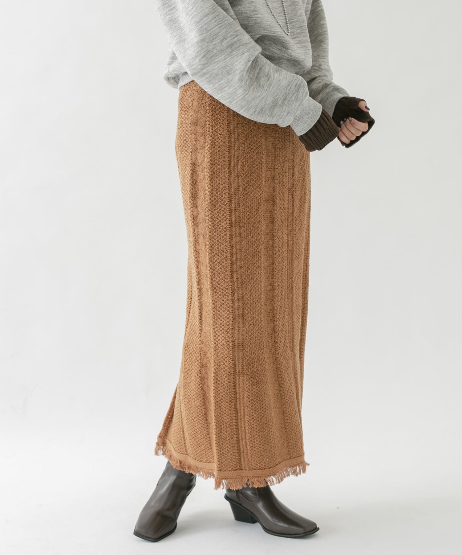  「タイトフリンジニットスカート」|スカート|ブラウン系その他