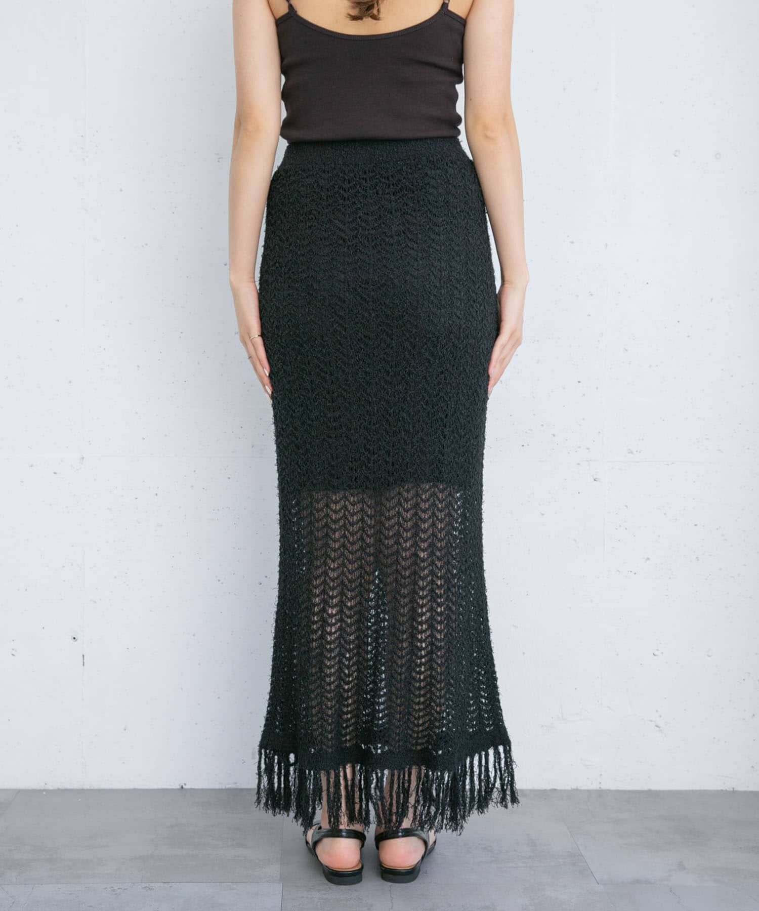  「フリンジ透かし編みニットスカート」|スカート|