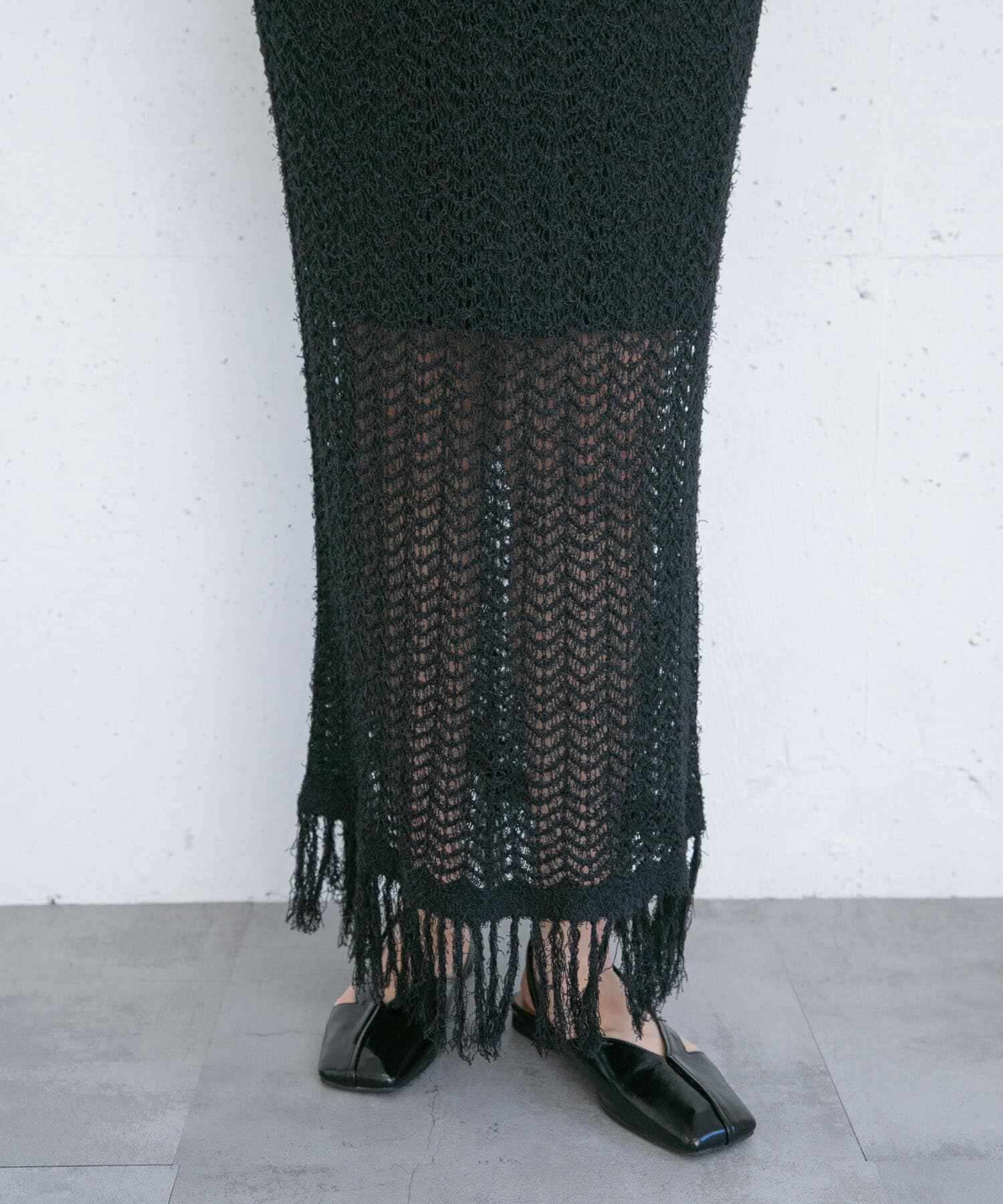  「フリンジ透かし編みニットスカート」|スカート|