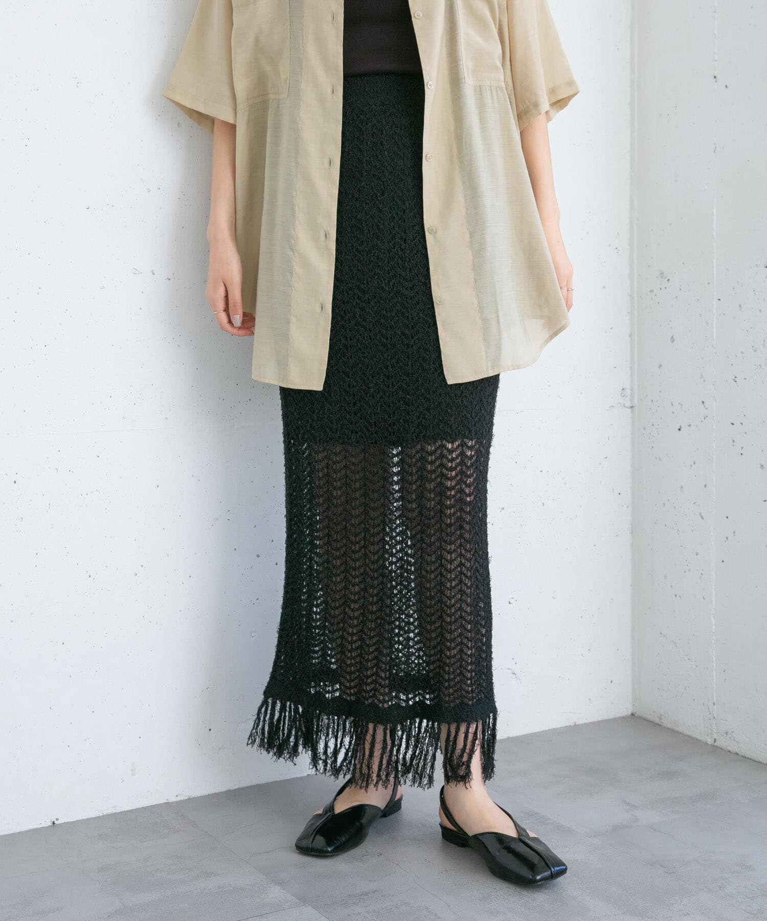  「フリンジ透かし編みニットスカート」|スカート|