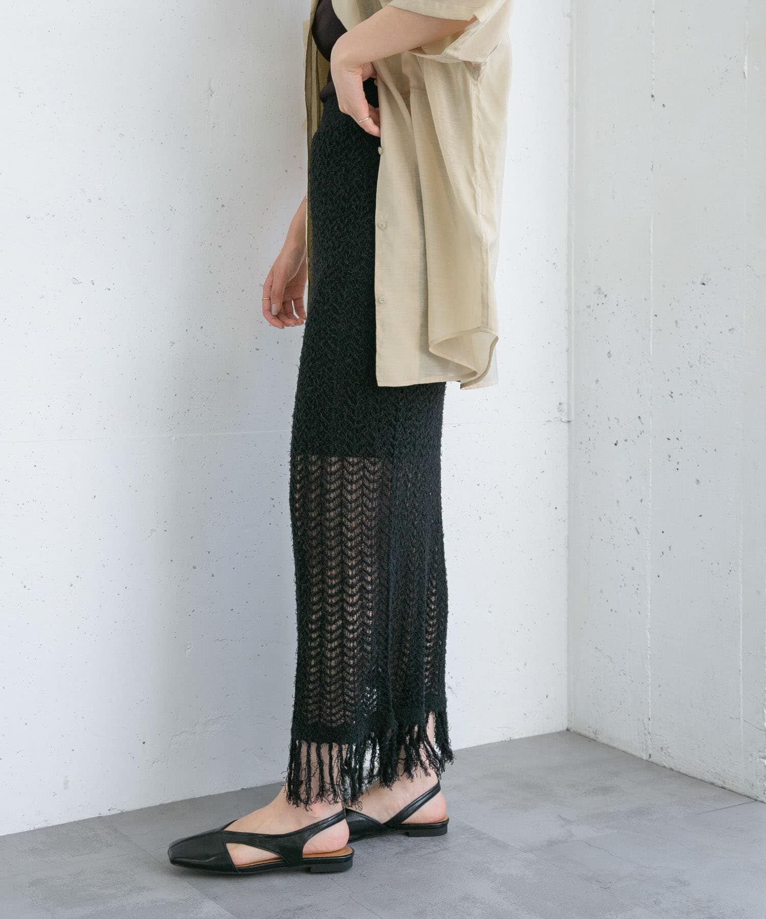 「フリンジ透かし編みニットスカート」|スカート|