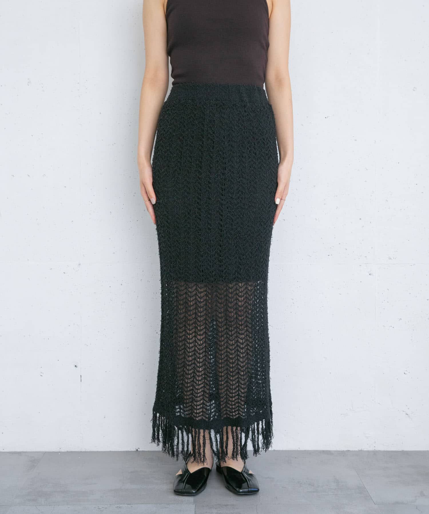  「フリンジ透かし編みニットスカート」|スカート|