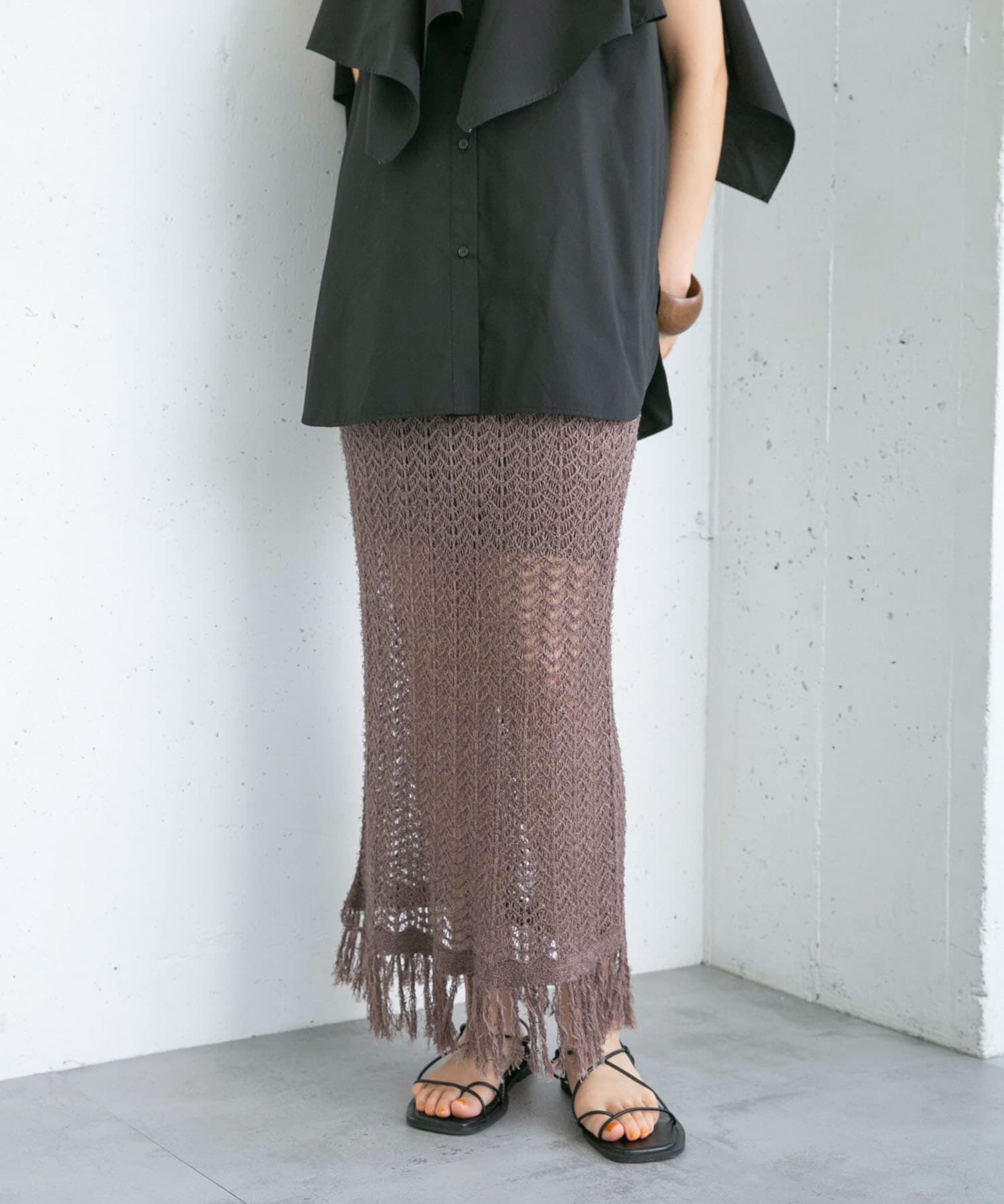  「フリンジ透かし編みニットスカート」|スカート|ブラウン