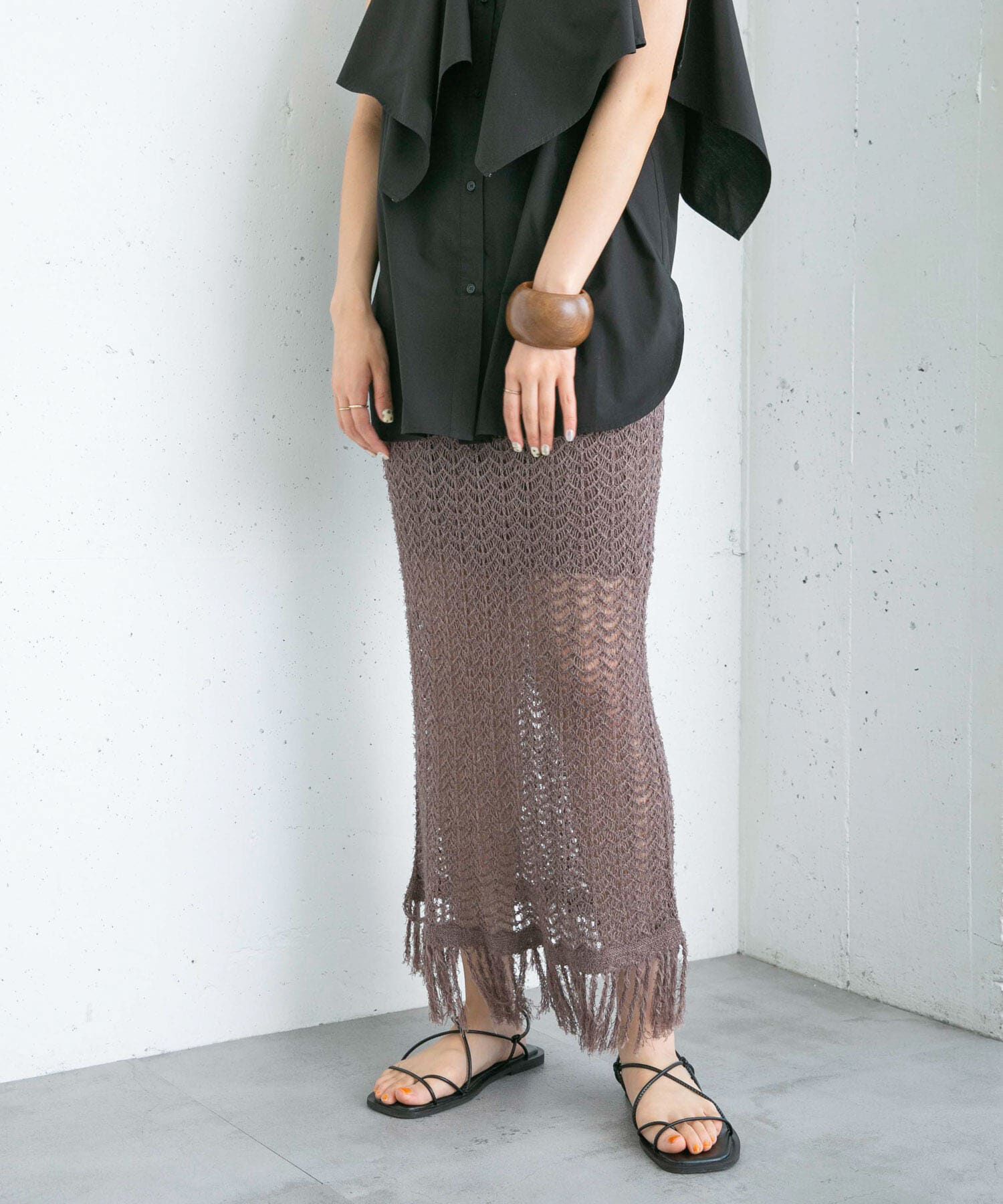  「フリンジ透かし編みニットスカート」|スカート|