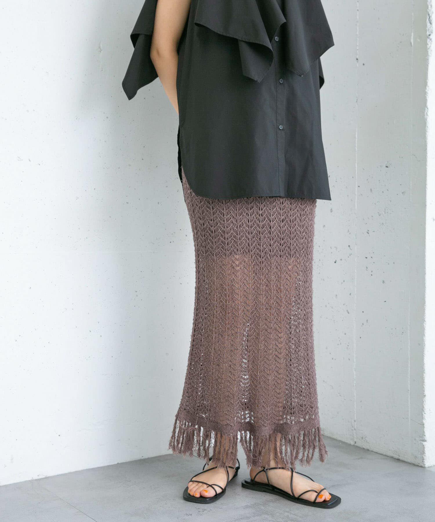  「フリンジ透かし編みニットスカート」|スカート|