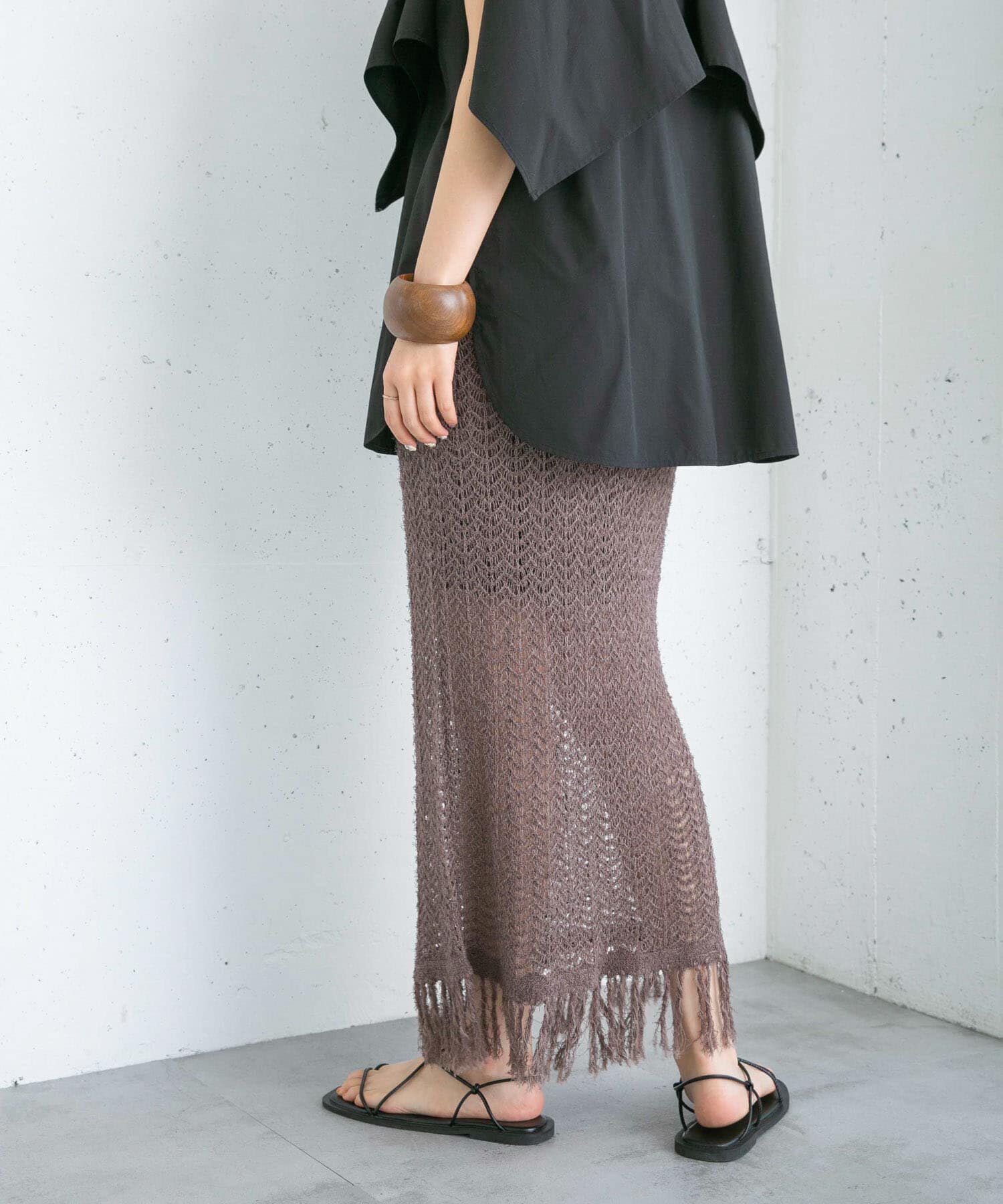  「フリンジ透かし編みニットスカート」|スカート|
