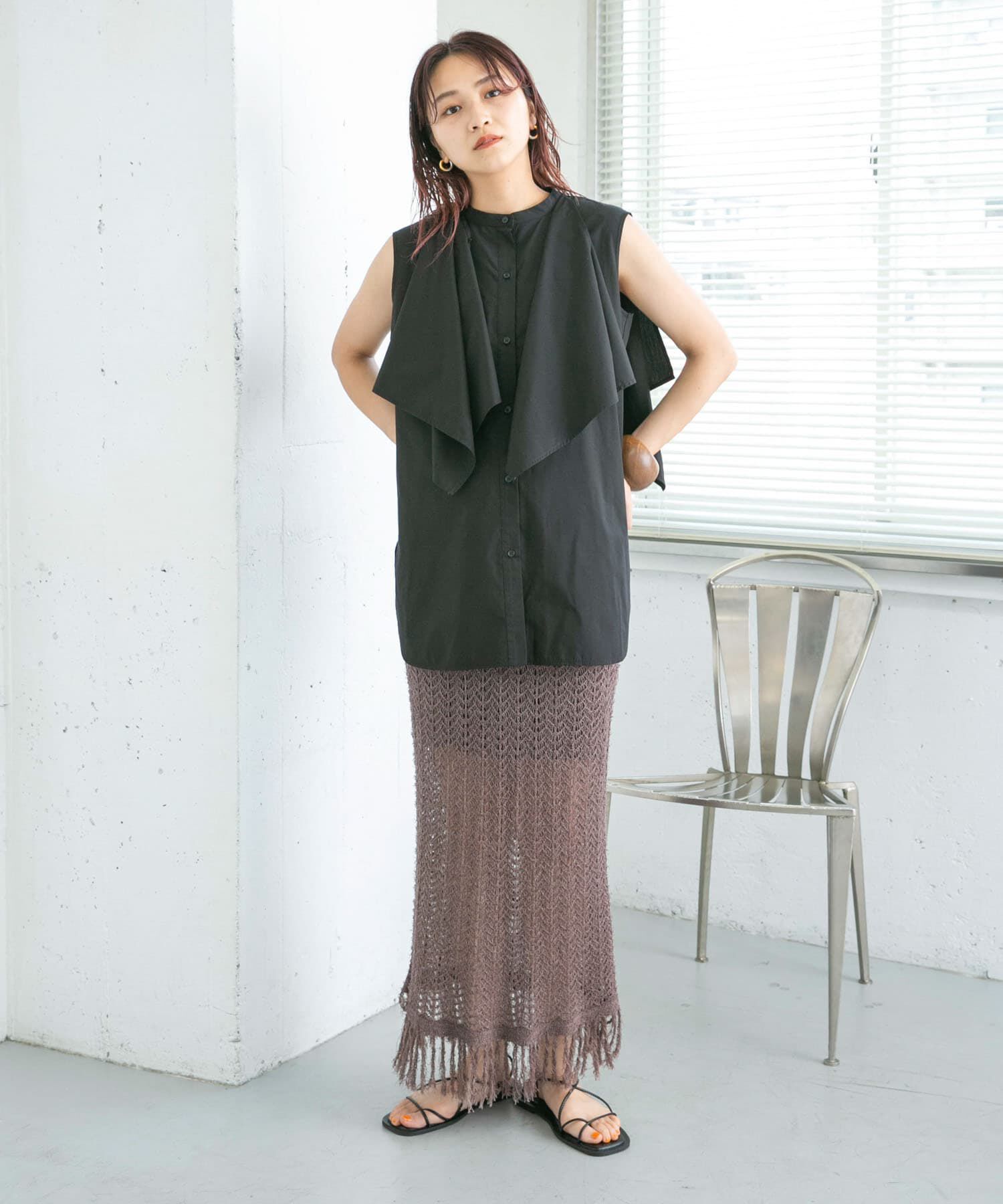  「フリンジ透かし編みニットスカート」|スカート|