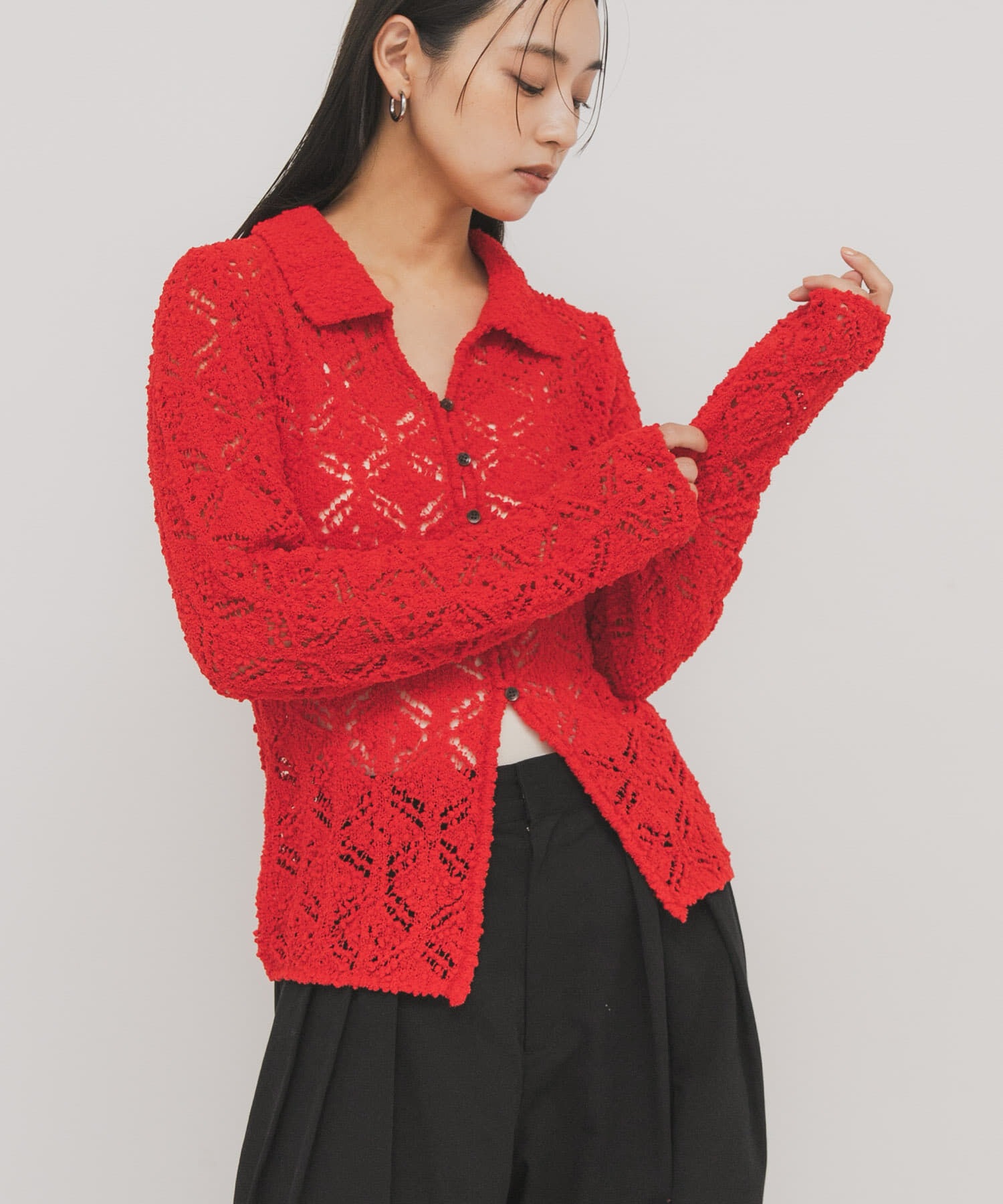  「クロシェレースニットシャツ」|ニット・セーター|レッド