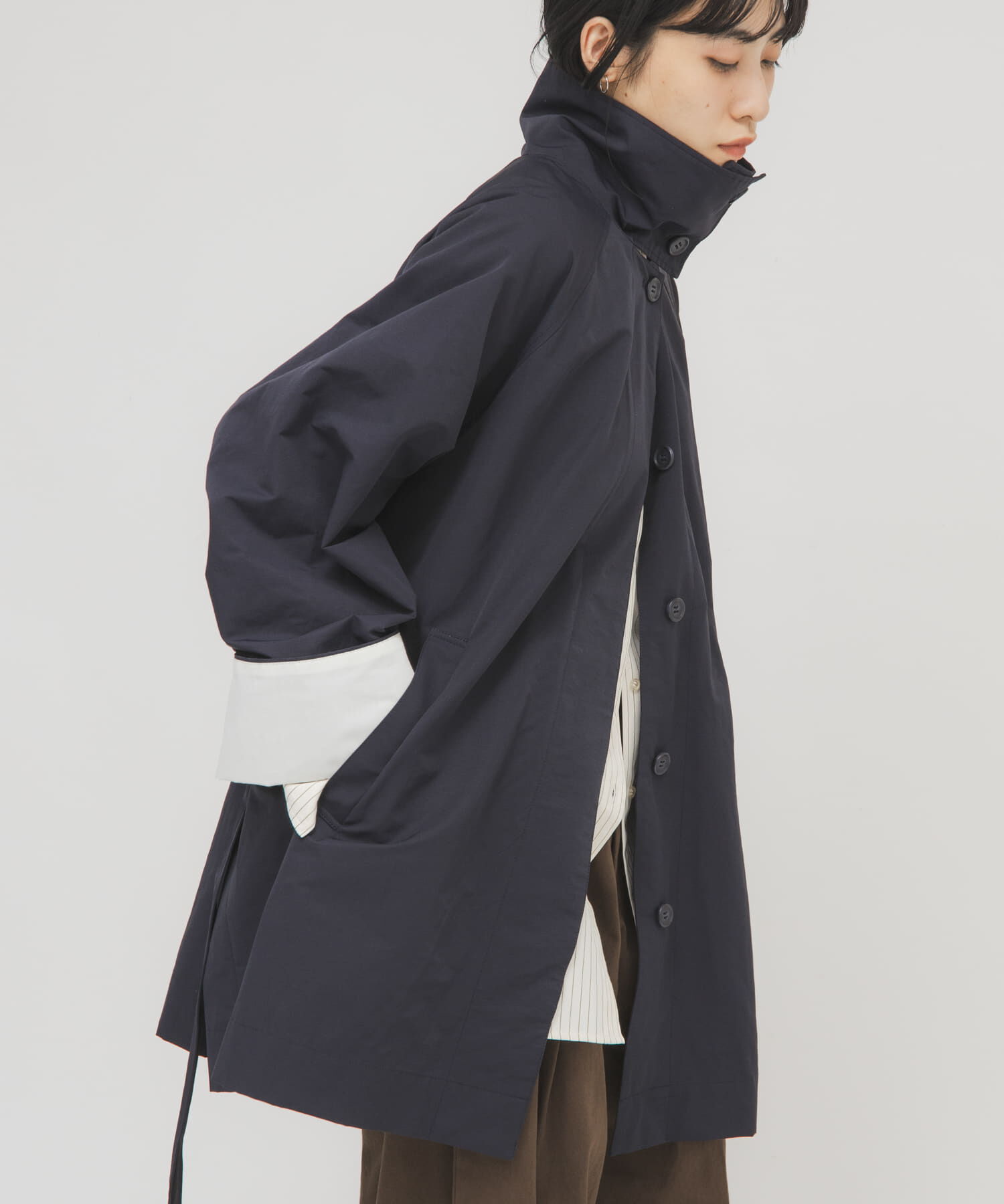 「テントラインBIGミドルコート」|ノーカラーコート|ネイビー