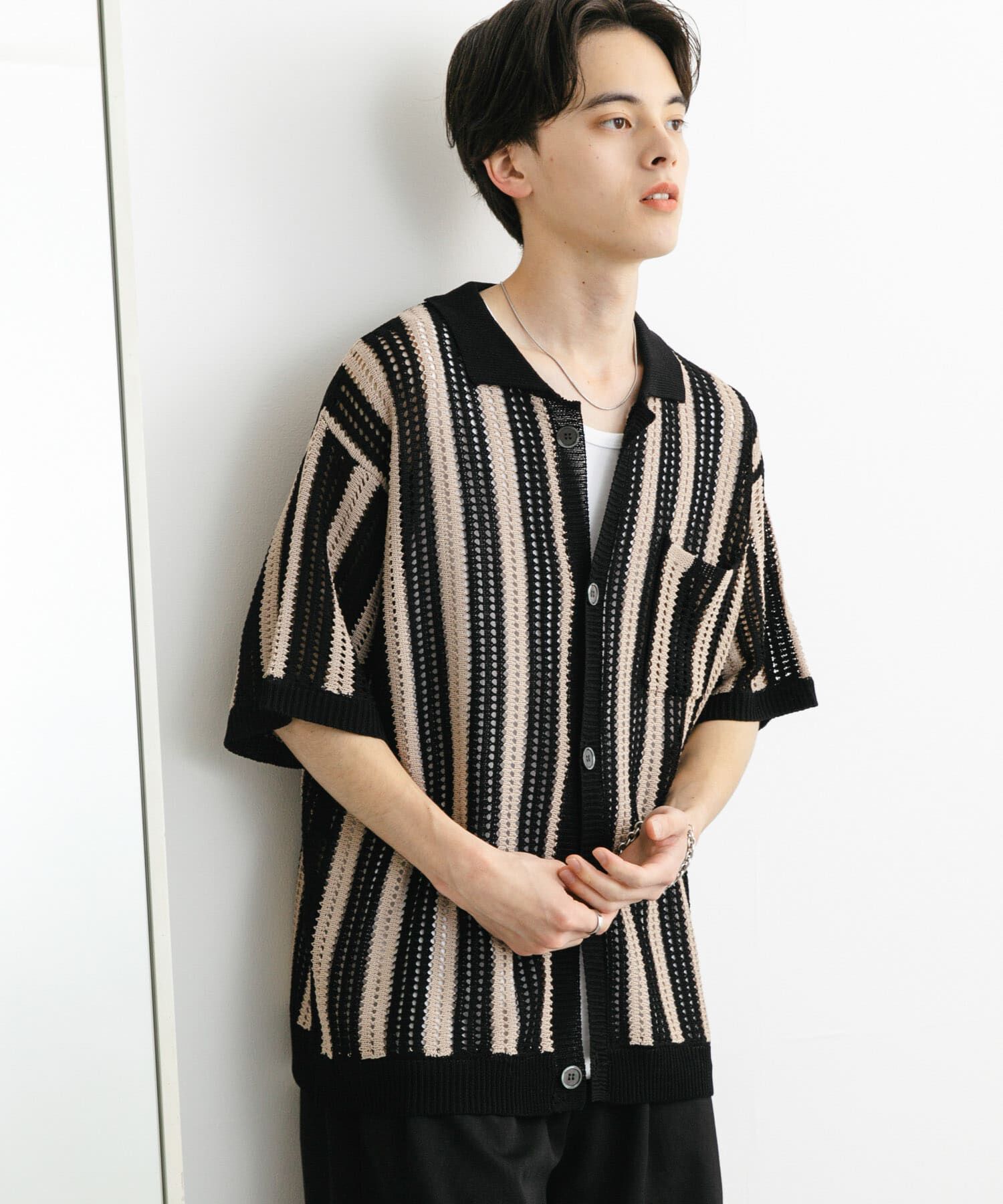 SENSE OF PLACE by URBAN RESEARCH「ストライプショートスリーブニットシャツ」|ニット・セーター|