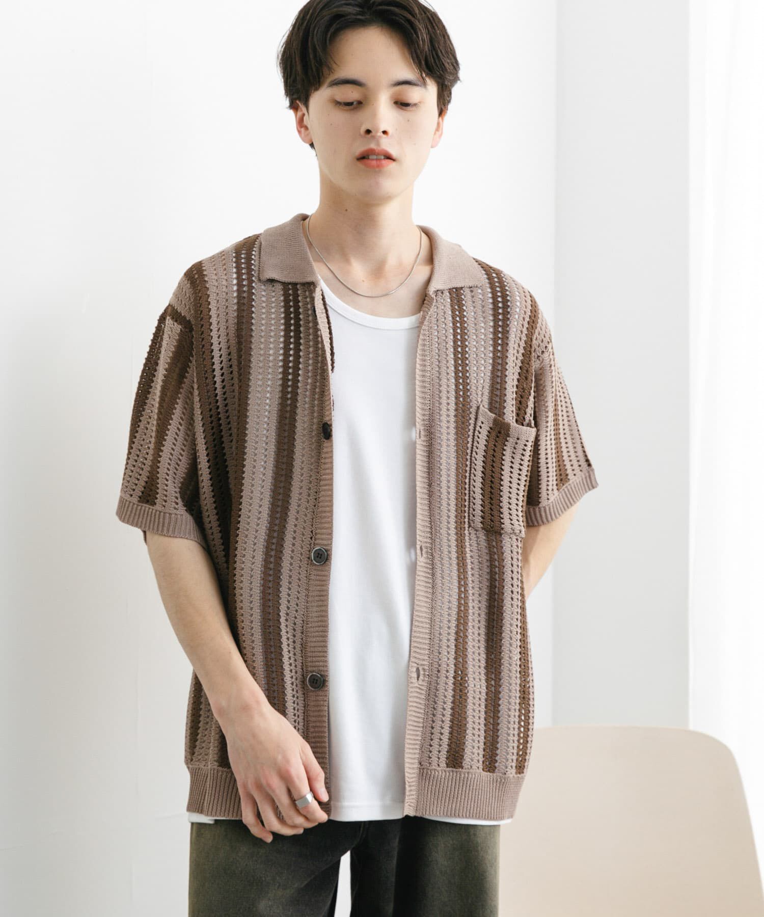 SENSE OF PLACE by URBAN RESEARCH「ストライプショートスリーブニットシャツ」|ニット・セーター|