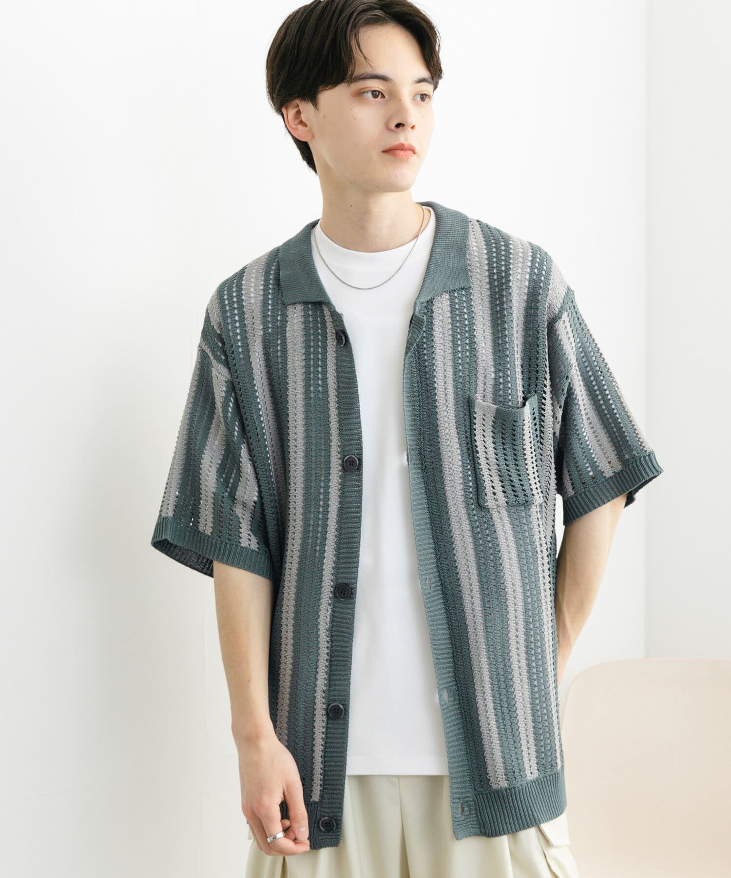 SENSE OF PLACE by URBAN RESEARCH「ストライプショートスリーブニットシャツ」|ニット・セーター|