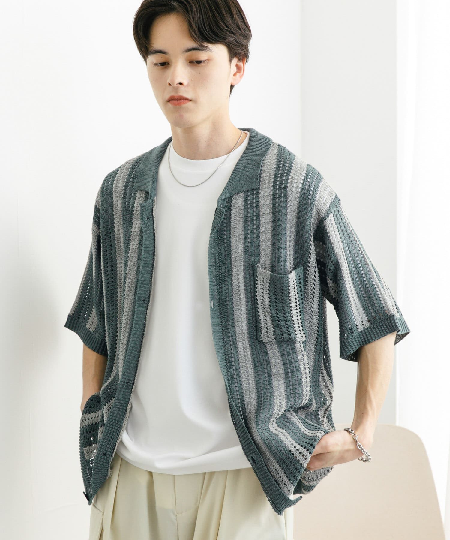 SENSE OF PLACE by URBAN RESEARCH「ストライプショートスリーブニットシャツ」|ニット・セーター|