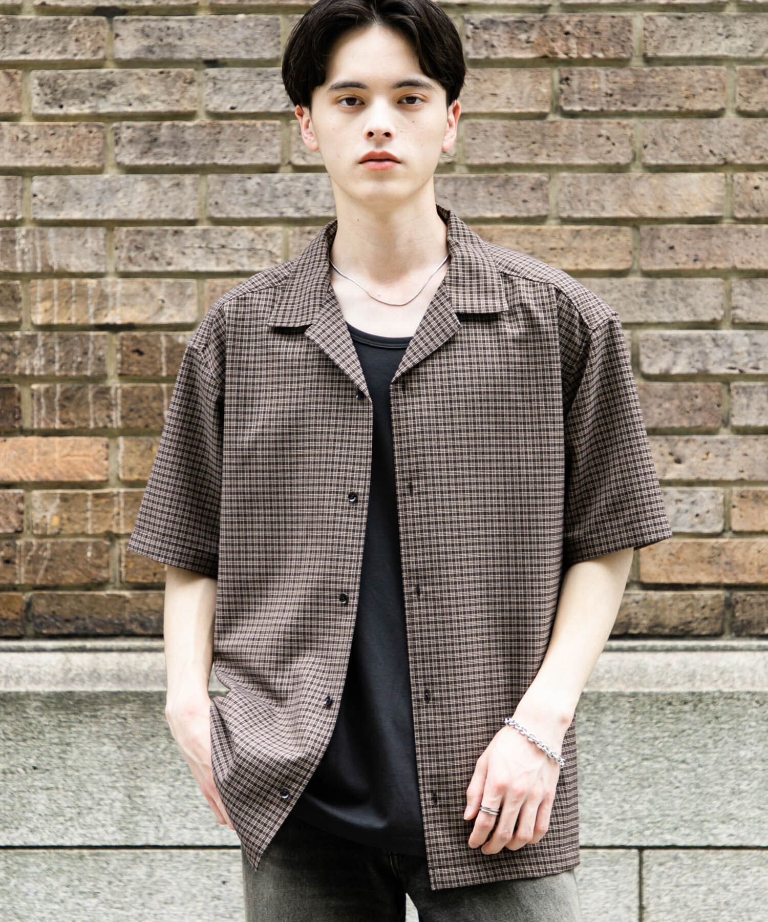SENSE OF PLACE by URBAN RESEARCH「グレンチェックオープンカラーショートスリーブシャツ」|シャツ・ブラウス|ブラック