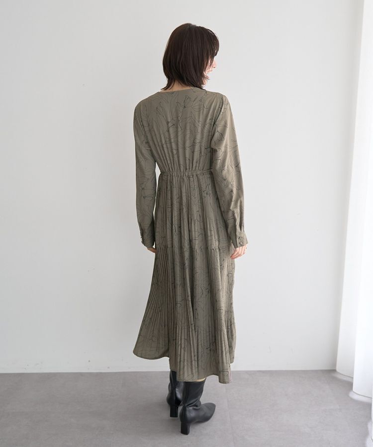 YECCA VECCA「ラインボタニカル柄プリーツワンピース」|ワンピース|