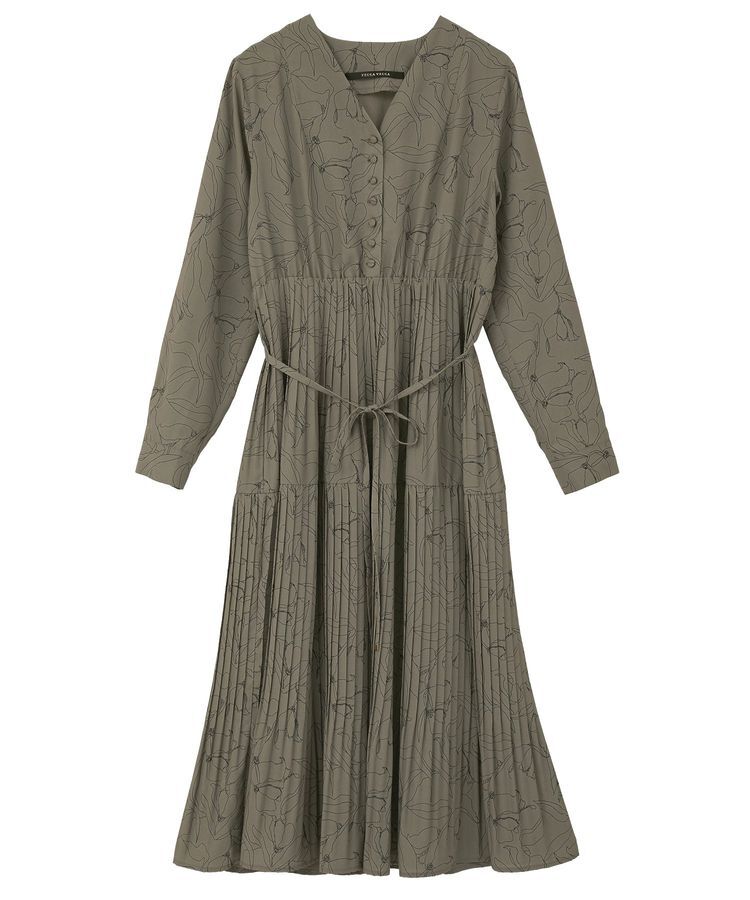 YECCA VECCA「ラインボタニカル柄プリーツワンピース」|ワンピース|