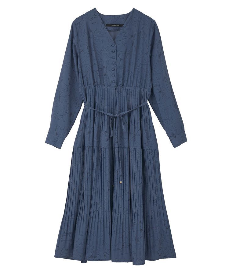 YECCA VECCA「ラインボタニカル柄プリーツワンピース」|ワンピース|