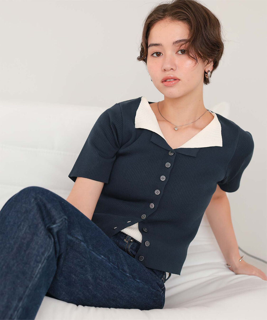 titivate「レイヤード風ハーフスリーブリブニットトップス」|ニット・セーター|
